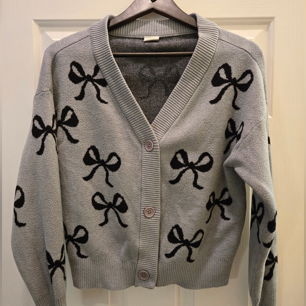 Nikka K Gray With Black Bows Cardigan Women's Size XL